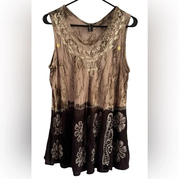 Sacred Thread Brown Tan Floral Embroidery Lightweight Blouse Size Medium OS - Picture 4 of 11